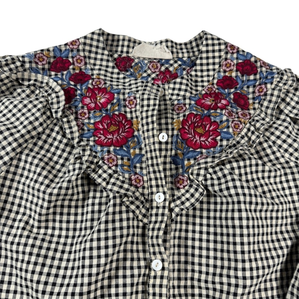 Savanna Jane Black White Gingham Floral Embroidered Blouse Small western